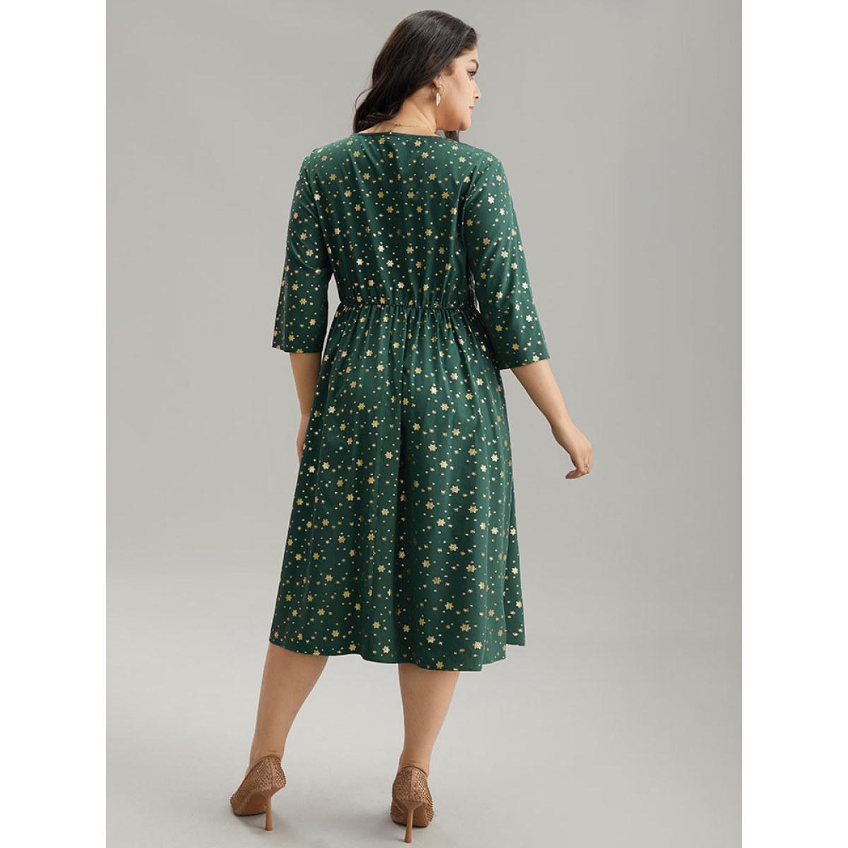 Plus Size Star Glitter Square Neck Gathered Dress DarkGreen Women Party Printed Square Neck Elbow-length sleeve Curvy Midi Dress BloomChic 14-16/1X Product Image