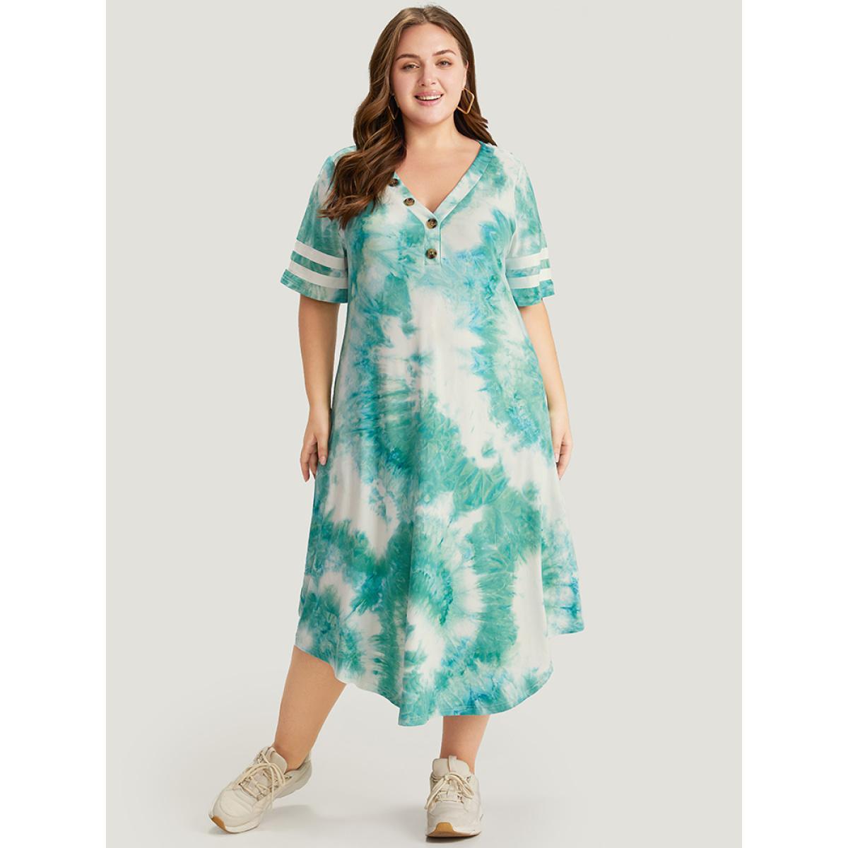 Plus Size Tie Dye & Striped Button Detail Pocket Arc Hem Dress Emerald Women Casual Printed V-neck Short sleeve Curvy Midi Dress BloomChic 22-24/3X Product Image