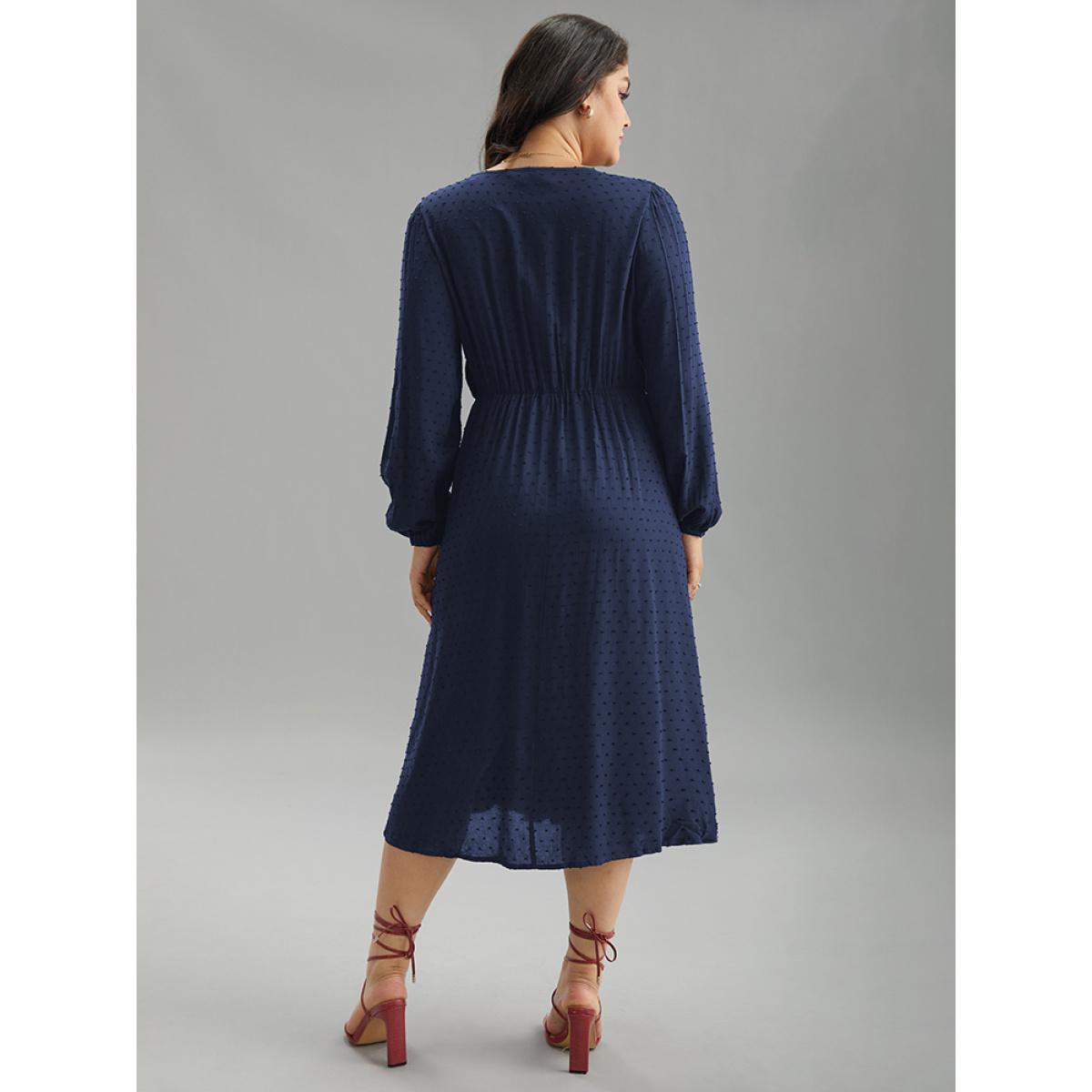 Plus Size Static-Free Solid Lantern Sleeve Pleated Dress DarkBlue Women Elegant Elastic cuffs Round Neck Long Sleeve Curvy Midi Dress BloomChic 28/5X Product Image