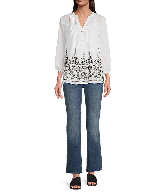 Figueroa & Flower Petite Size Embroidered Mandarin Collar 3/4 Sleeve Pintuck Detail Button-Front Blouse Product Image
