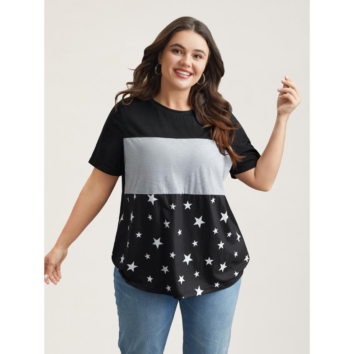 Plus Size Starry Color-Block Stretchy T-Shirt Black Women Casual Contrast Round Neck Everyday T-shirts BloomChic 10/M Product Image