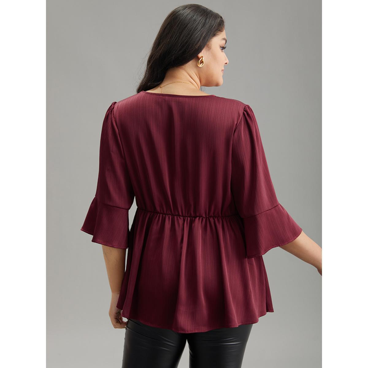 Plus Size Scarlet Anti-Wrinkle V Neck Gathered Ruffle Sleeve Blouse Women Office Elbow-length sleeve V-neck Work Blouses BloomChic 12/L Product Image