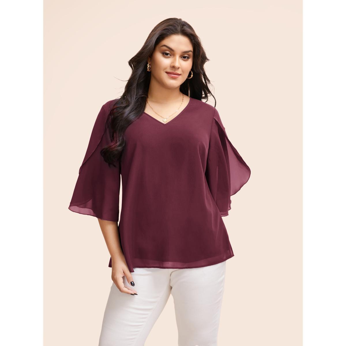 Plus Size Burgundy Chiffon Gathered Petal Sleeve Blouse Women Elegant Elbow-length sleeve V-neck Everyday Blouses BloomChic 12/L Product Image