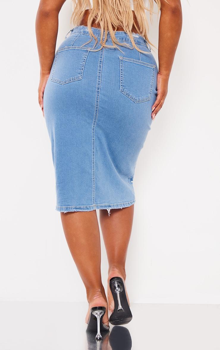 Shape Blue Stretch Denim Frayed Detail Midi Skirt Product Image