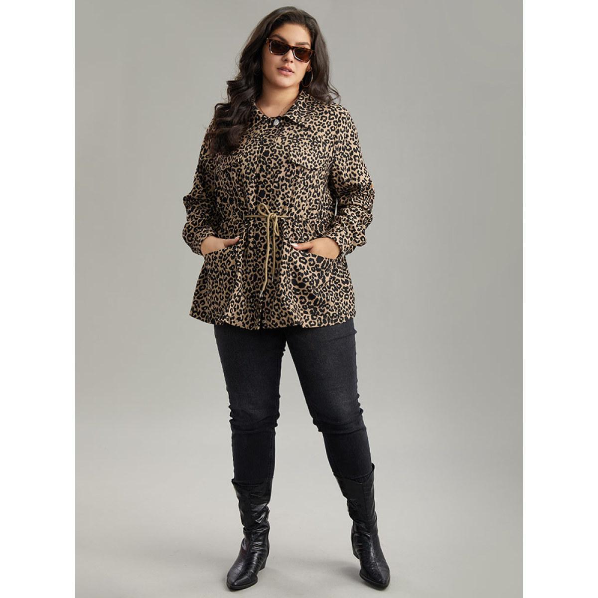Plus Size Leopard Zipper Drawstring Knot Pocket Jacket Women LightBrown Contrast Pocket Dailywear Jackets BloomChic 26/4X Product Image