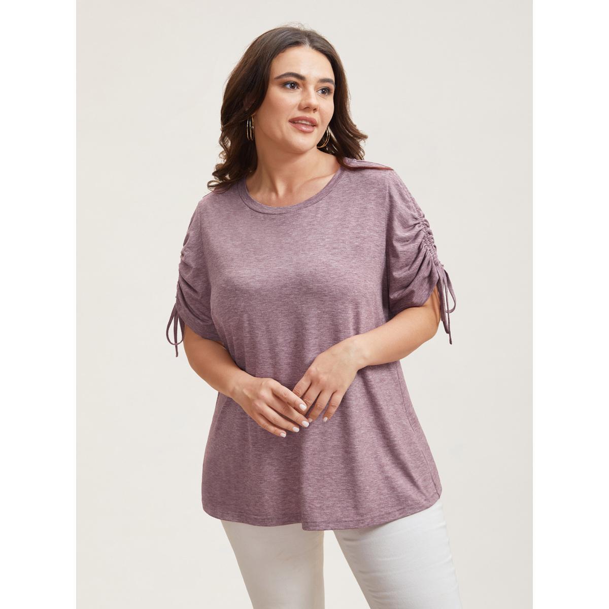 Plus Size Stretchy Heather Fabric Drawstring Sleeve T-Shirt Mauve Women Elegant Drawstring Round Neck Everyday T-shirts BloomChic 30/6X Product Image