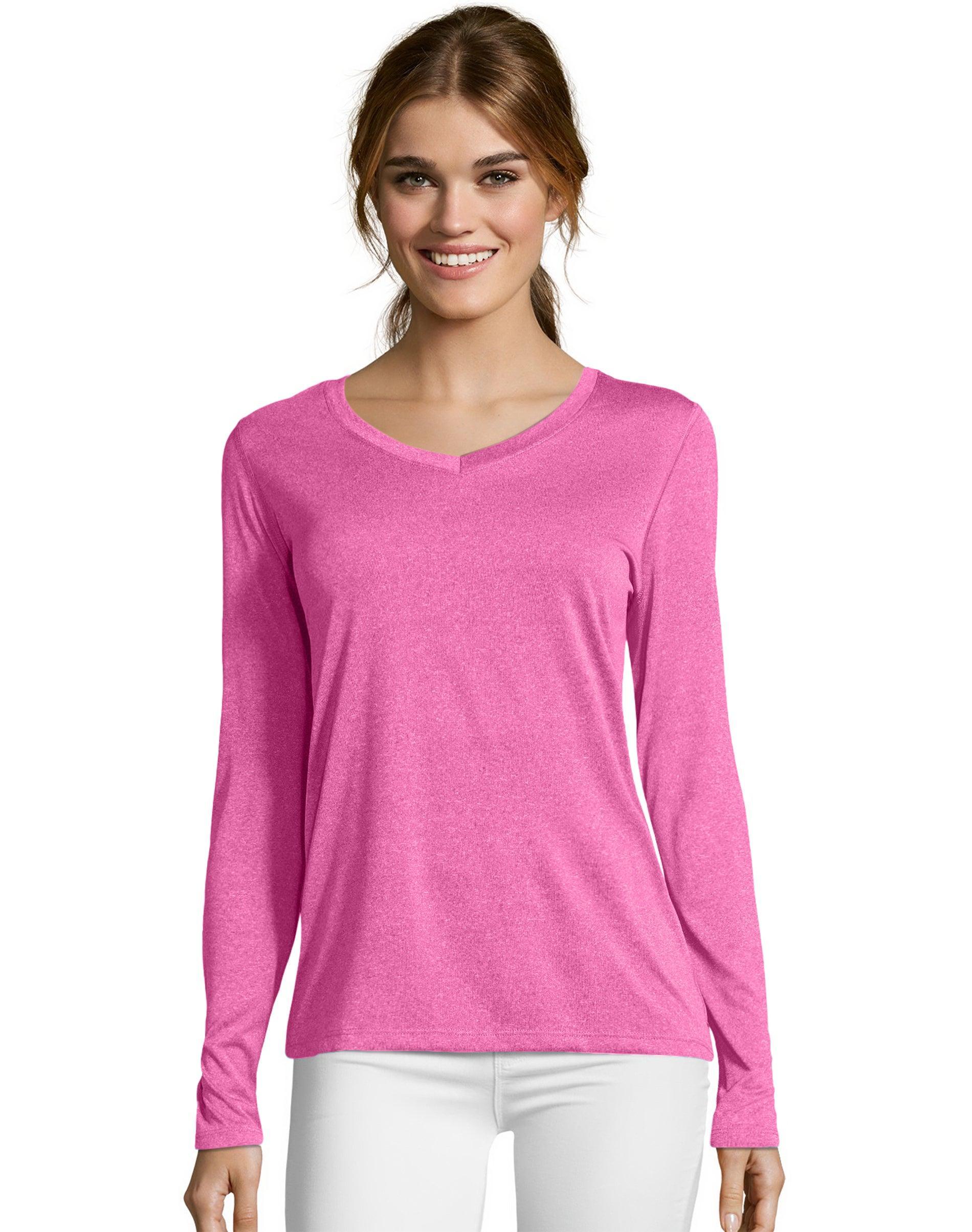Women's Hanes® Cool Dri Long-Sleeve Performance V-Neck Tee, Size: XXL, Fresh Berry Grey Product Image