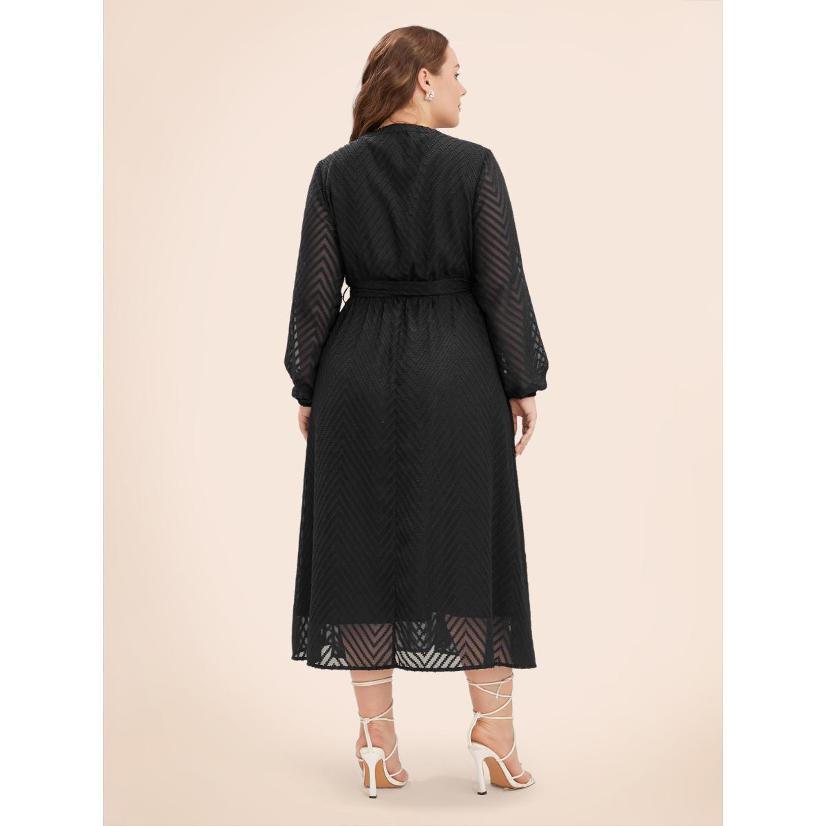 Chiffon Geometric Elegance Plain Navy Belt Plus Size Midi Dress Women Pocket Lantern Sleeve Long Sleeve V Neck Pocket Dailywear Midi Dress BloomChic Product Image