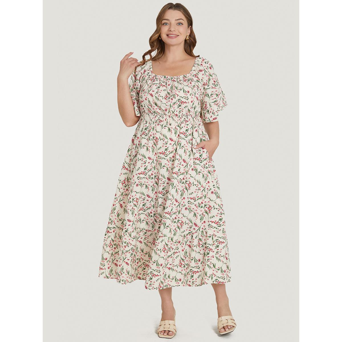 Plus Size Ditsy Floral Pocket Square Neck Shirred Ruffles Dress White Women Elegant Non Square Neck Short sleeve Curvy Midi Dress BloomChic 28/5X Product Image