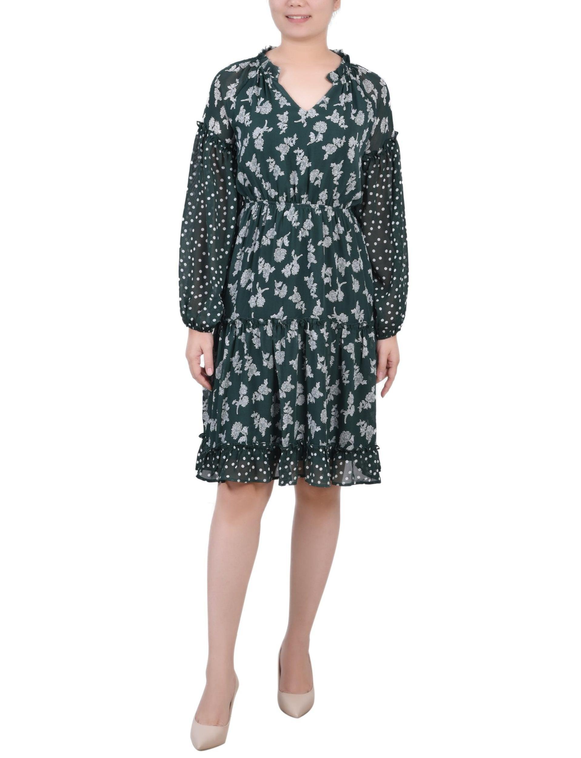 Botanical Garden Floral Dot Long Sleeve Combo Chiffon Dress - Petite Product Image
