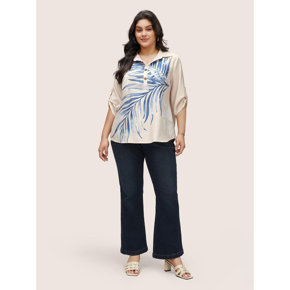 Plus Size Beige Tropical Print Button Up Tab Sleeve Blouse Women Casual Elbow-length sleeve Shirt collar Everyday Blouses BloomChic 28/5X Product Image