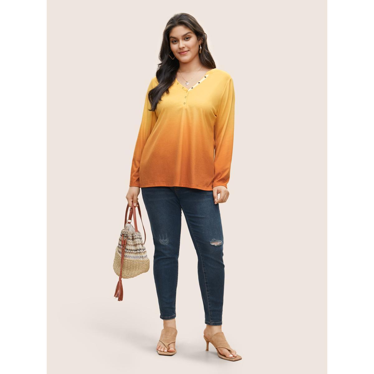 Plus Size Ombre Contrast Button Up T-shirt Yellow Women Resort Contrast Ombre V-neck Vacation T-shirts BloomChic 12/L Product Image