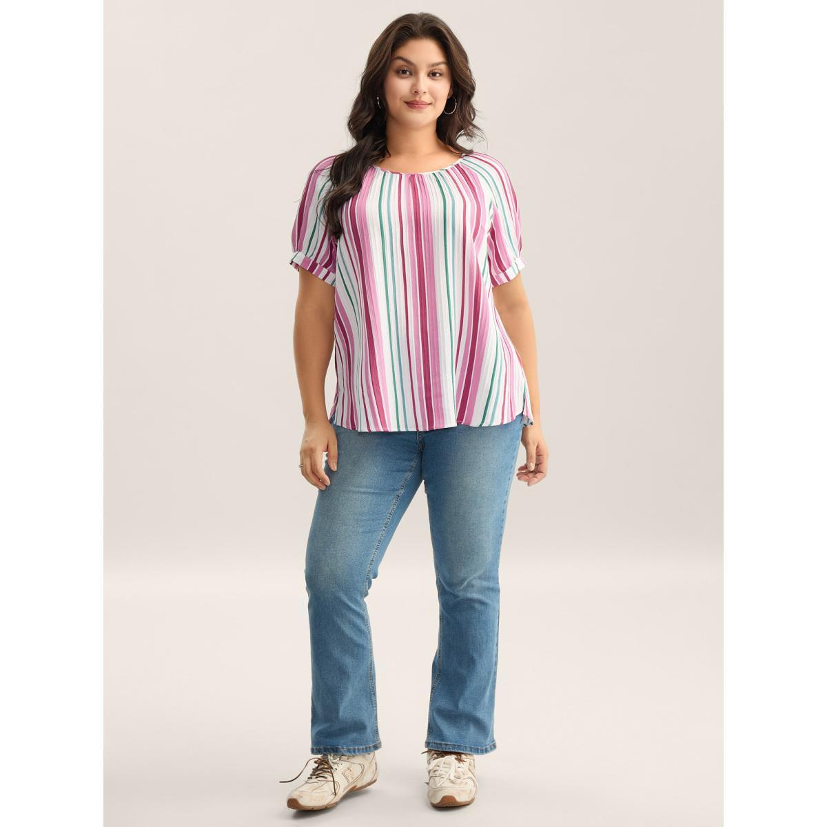 Plus Size Multicolor Stripe Print Round Neck Blouse Women Short sleeve Round Neck Everyday-Casual Blouses BloomChic 14-16/1X Product Image