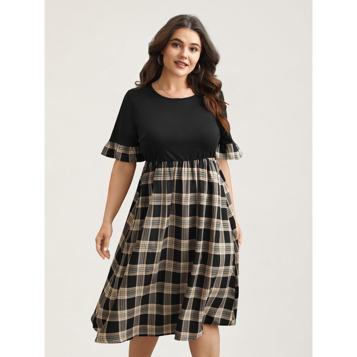 Plus Size Plaid Color Block Flared Sleeve Midi Dress Black Women Casual Patchwork Round Neck Half Sleeve Curvy BloomChic 12/L Product Image