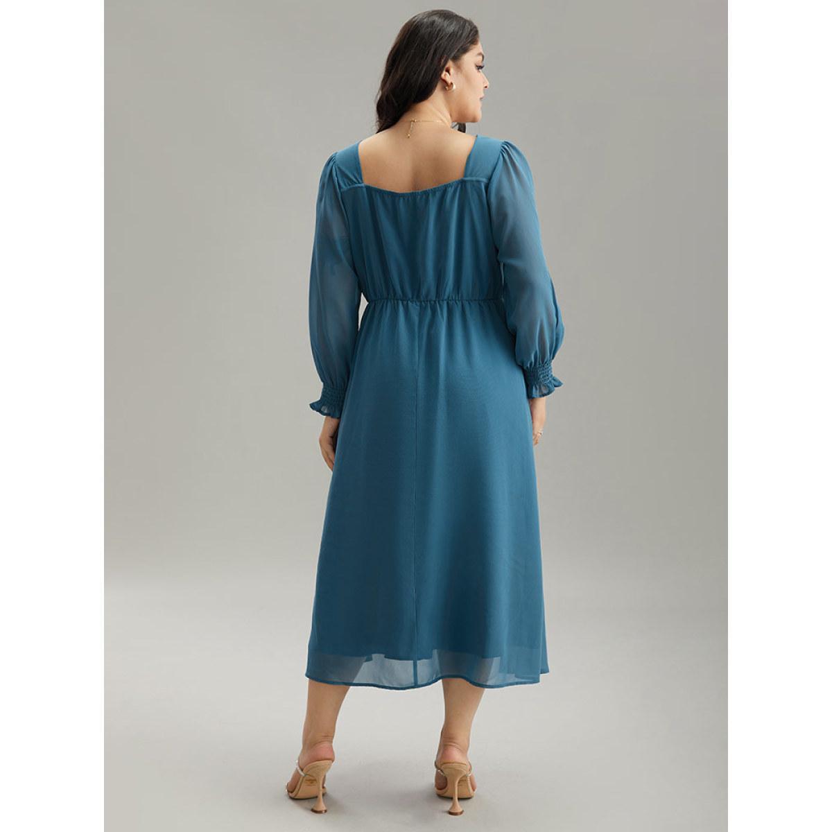 Plus Size Chiffon Square Neck Shirred Lantern Sleeve Split Hem Dress Aegean Women Glamour Plain Square Neck Long Sleeve Curvy Midi Dress BloomChic 10/M Product Image