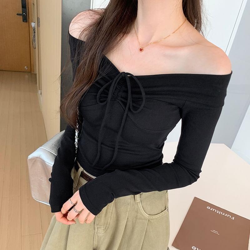 Long Sleeve Off-Shoulder Plain Drawstring Slim-Fit Crop Top Product Image