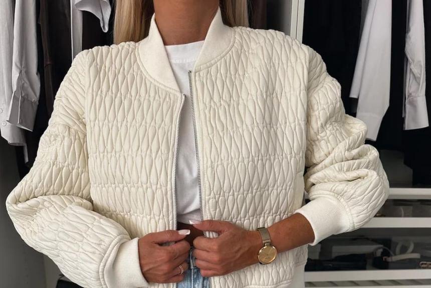 Stand Collar Plain Quilted Zip-Up Jacket Product Image