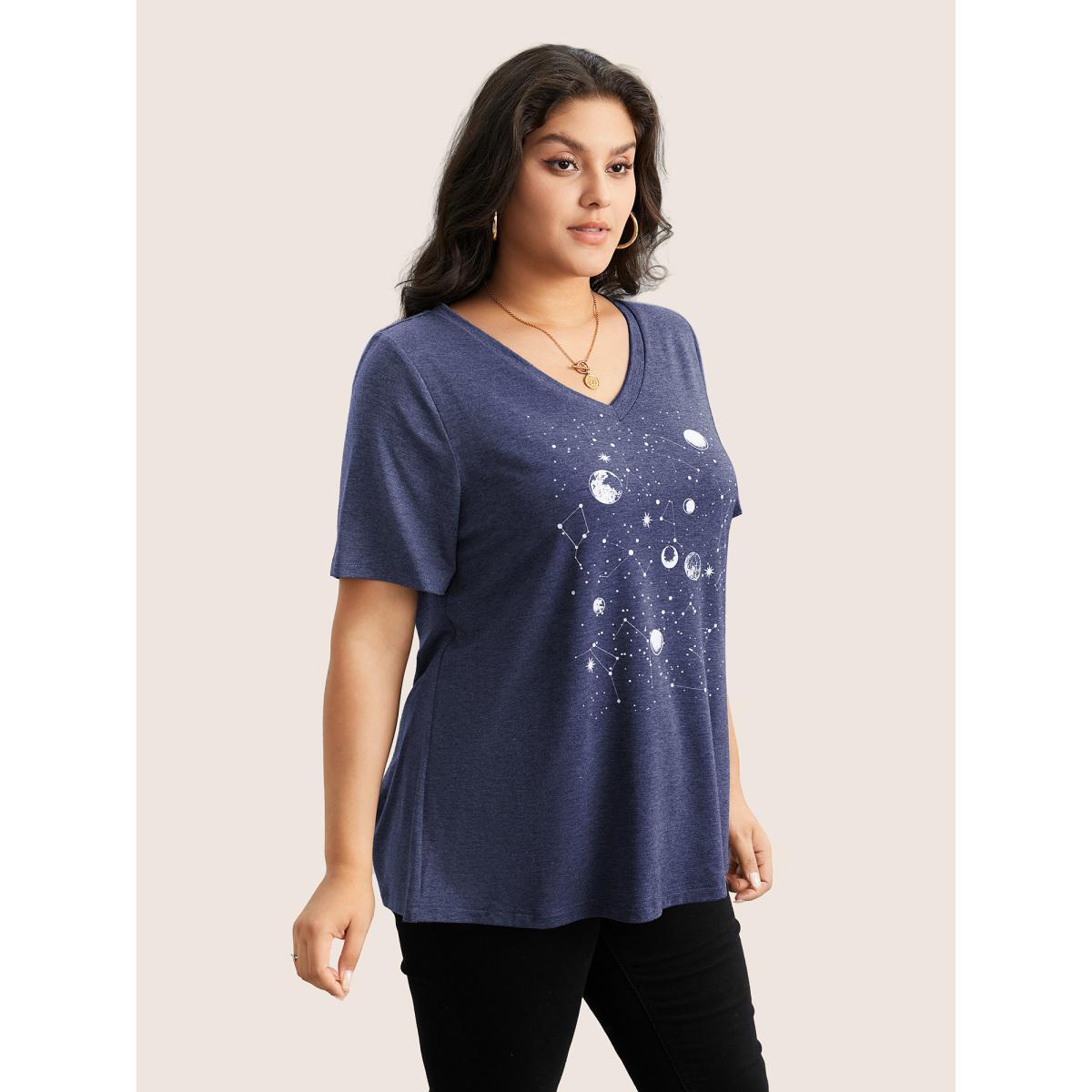 Plus Size Moon and Star Print V Neck T-shirt DarkBlue Women Casual Non Star and moon V-neck Everyday T-shirts BloomChic 12/L Product Image