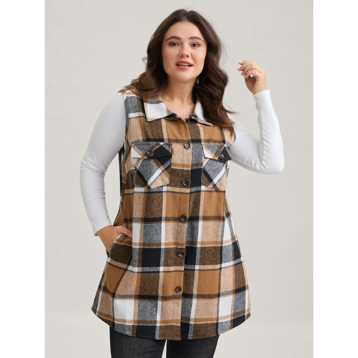 Plus Size Plaid Flap Detail Sleeveless Jacket Women Yellowishbrown Button Side seam pocket Everyday Jackets BloomChic 10/M Product Image