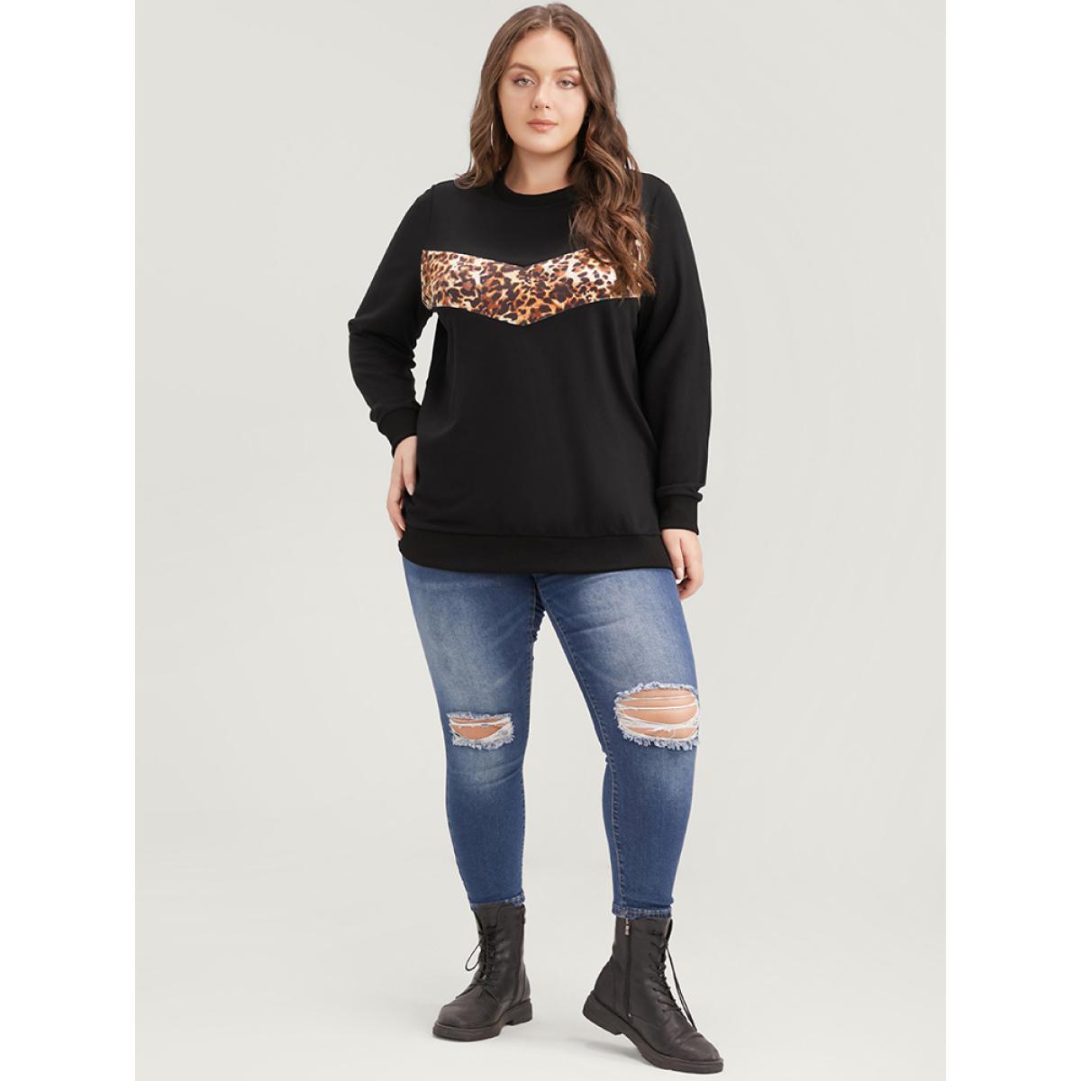 Plus Size Leopard Patchwork Round Neck Drop Shoulder Sweatshirt Women Black Casual Patchwork Round Neck Dailywear Sweatshirts BloomChic 26/4X Product Image