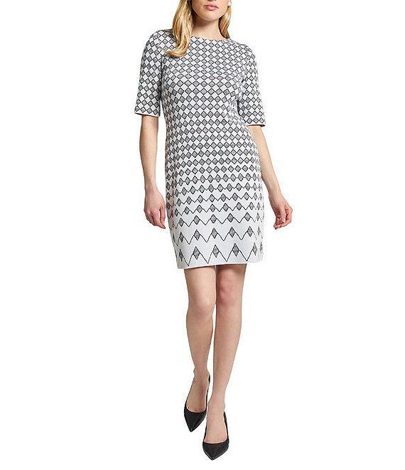 Ming Wang Knit Jacquard Geo Print Round Neck Elbow Sleeve Dress Product Image