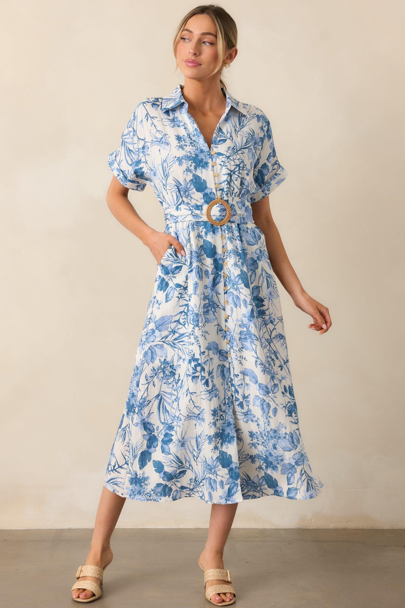 Springtime Splendor White & Blue Floral Belted Midi Dress Product Image