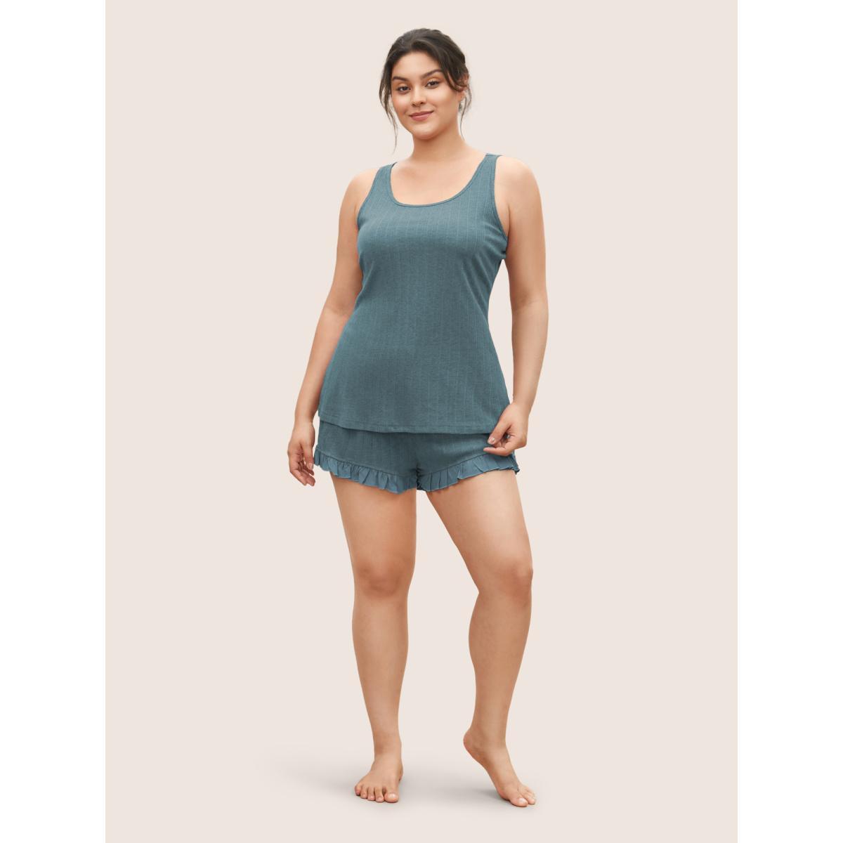 Plus Size Texture Patchwork Ruffles Drawstring Loungewear Set Women Teal Texture Sleeveless Non Lounge Loungewear Sets BloomChic 22-24/3X Product Image