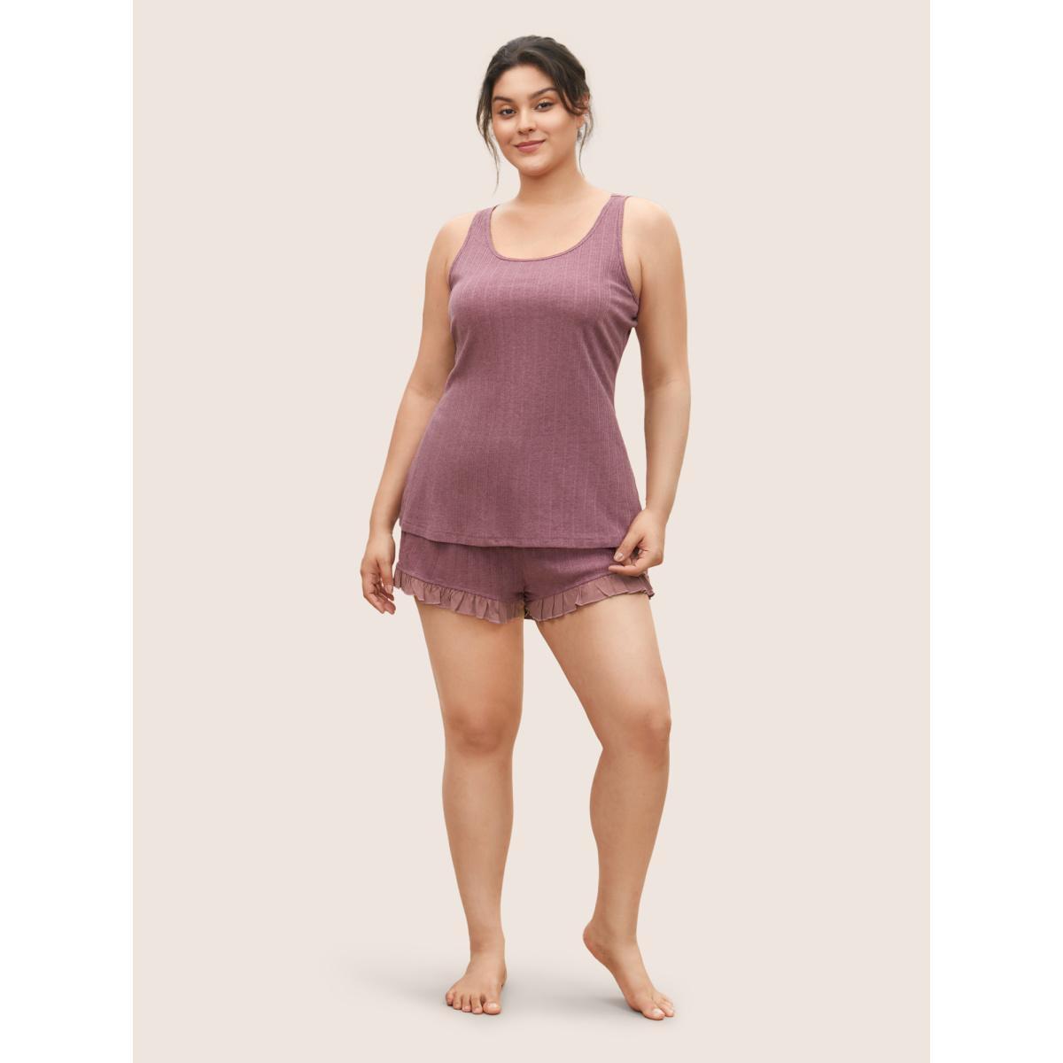 Plus Size Texture Patchwork Ruffles Drawstring Loungewear Set Women DustyPink Texture Sleeveless Non Lounge Loungewear Sets BloomChic 28/5X Product Image