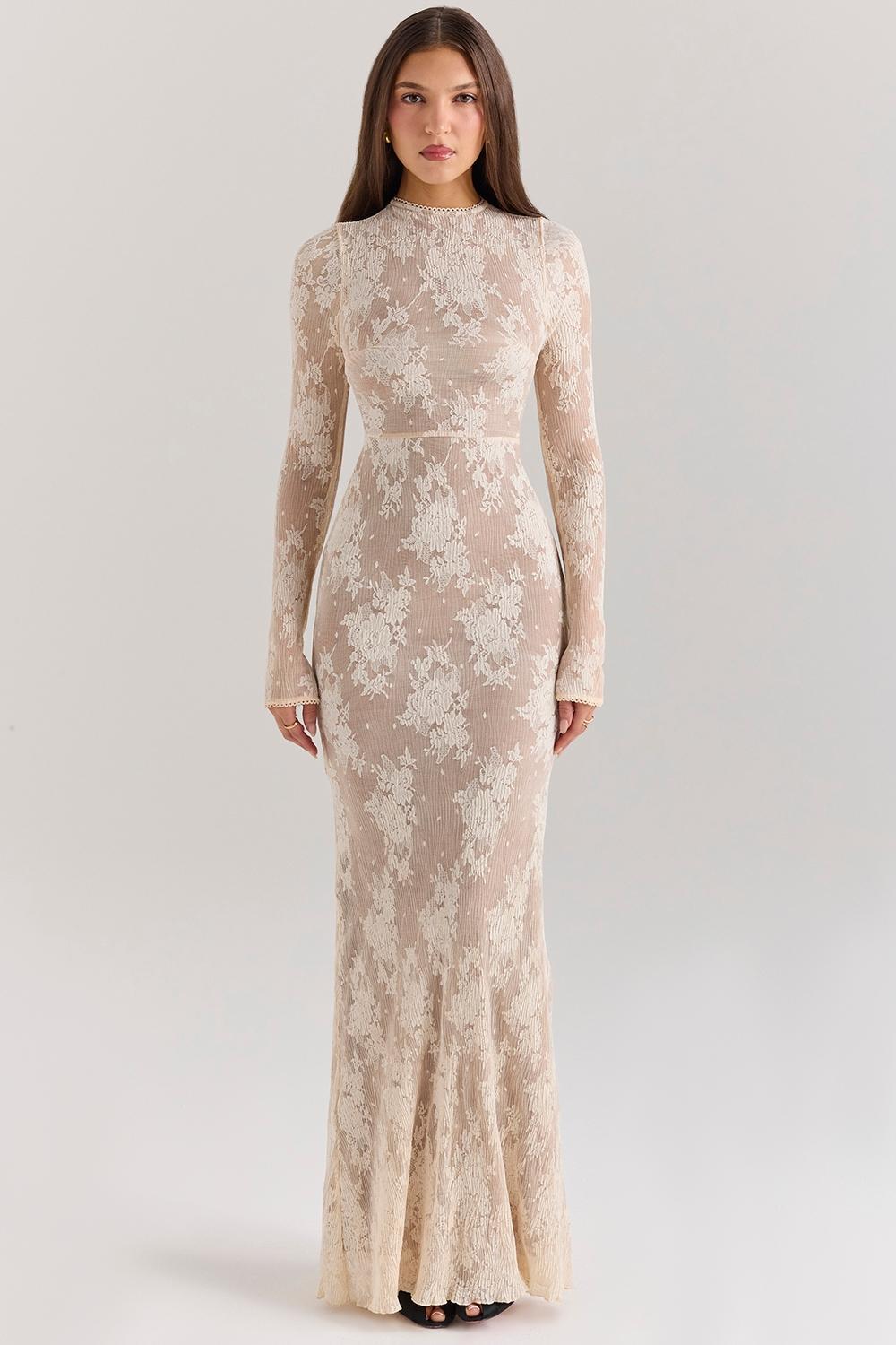 Isoline Peach Lace Maxi Dress Product Image