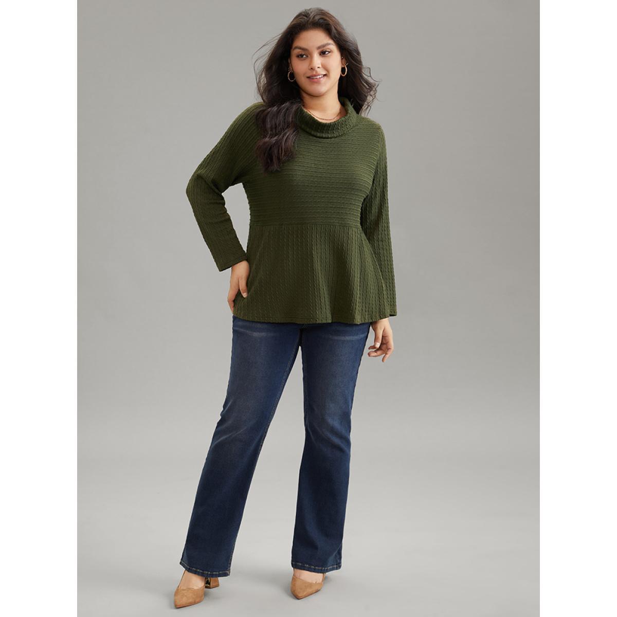 Plus Size Solid Textured Mock Neck Jacquard Sweatshirt Women Green Elegant Texture Mock Neck Dailywear Sweatshirts BloomChic 10/M Product Image