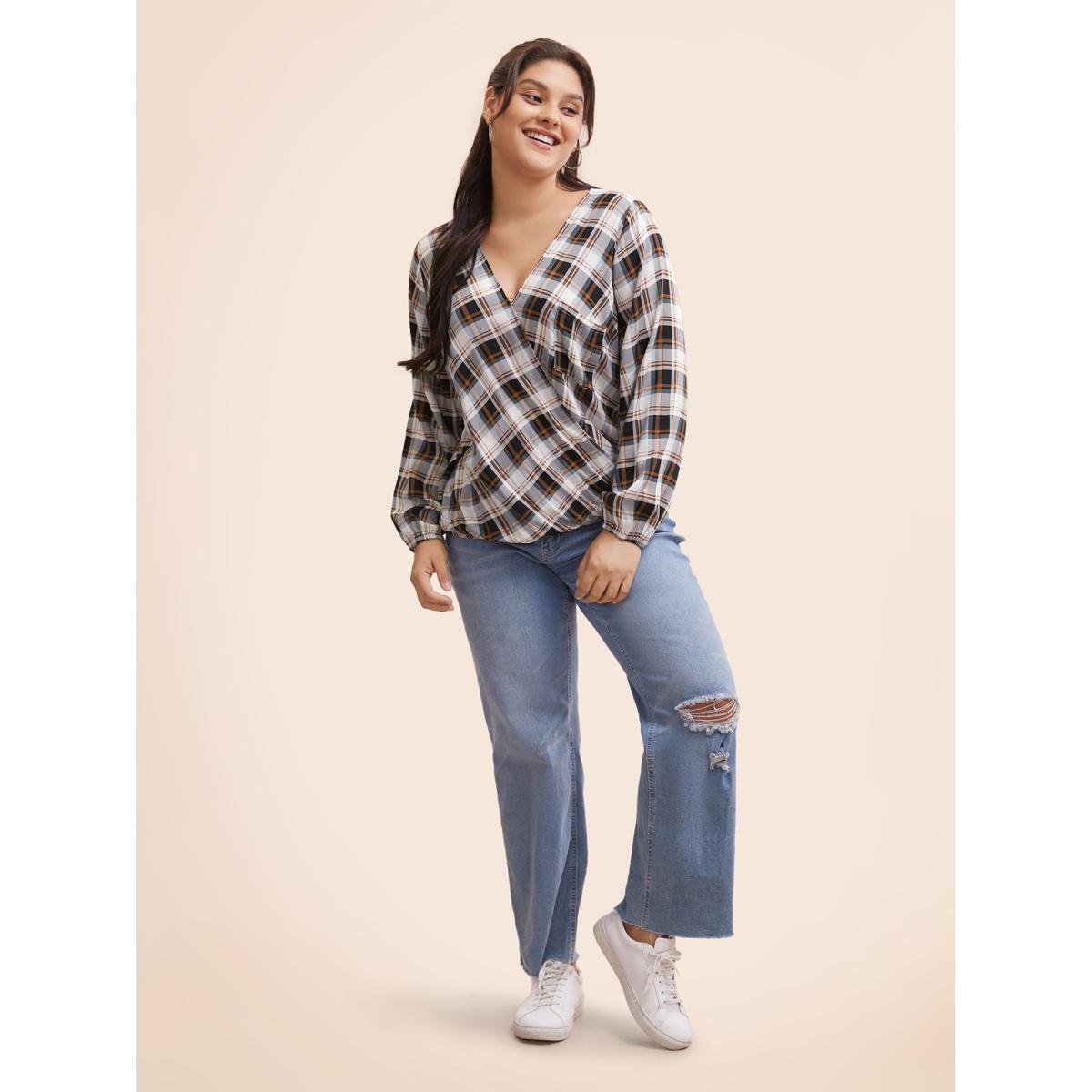 Plus Size Browncoffeecolor Plaid Overlap Collar Patch Pocket Blouse Women Casual Three Quater Length Sleeve Overlap Collar Everyday Blouses BloomChic 12/L Product Image