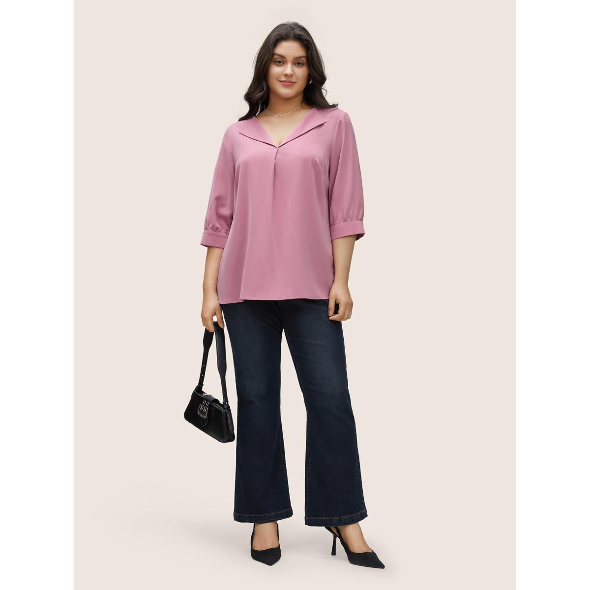 Plus Size Lilac Solid Lapel Collar Plicated Detail Blouse Women At the Office Elbow-length sleeve Lapel Collar Work Blouses BloomChic 26/4X Product Image