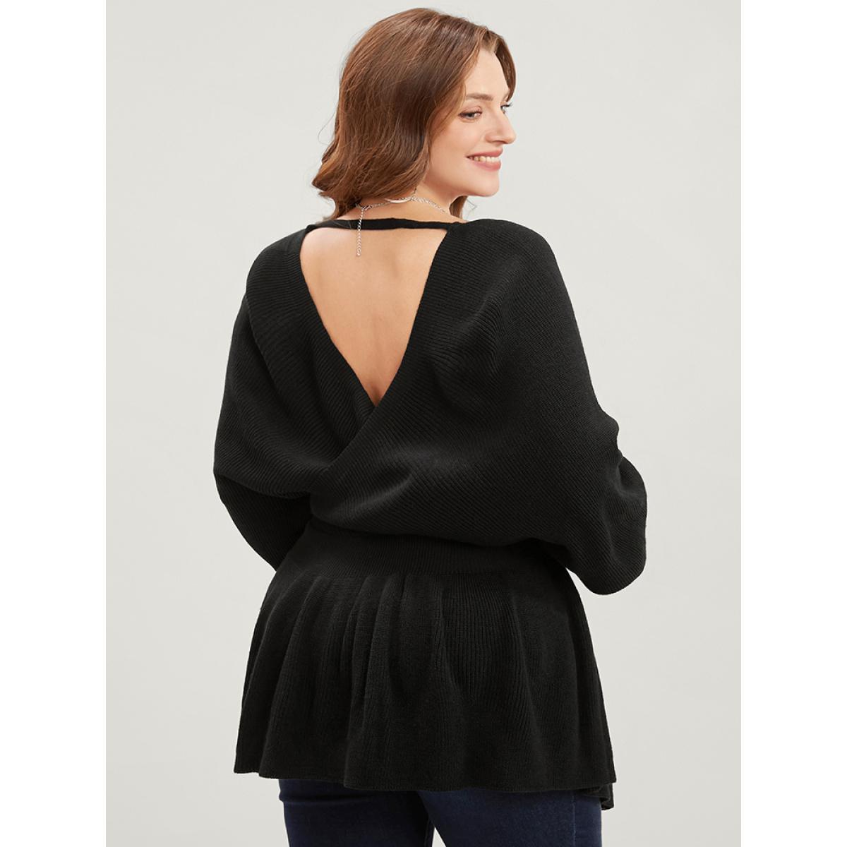 Plus Size Solid Super Soft Rib Knit Dolman Sleeve Backless Wrap Knit Top Black Women Casual Loose Long Sleeve Overlap Collar Everyday Pullovers BloomChic 12/L Product Image