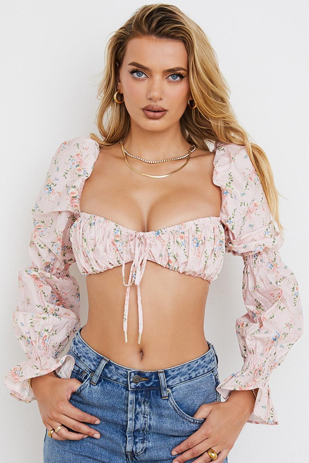 Henrietta Pink Floral Shirred Bralette Top Product Image
