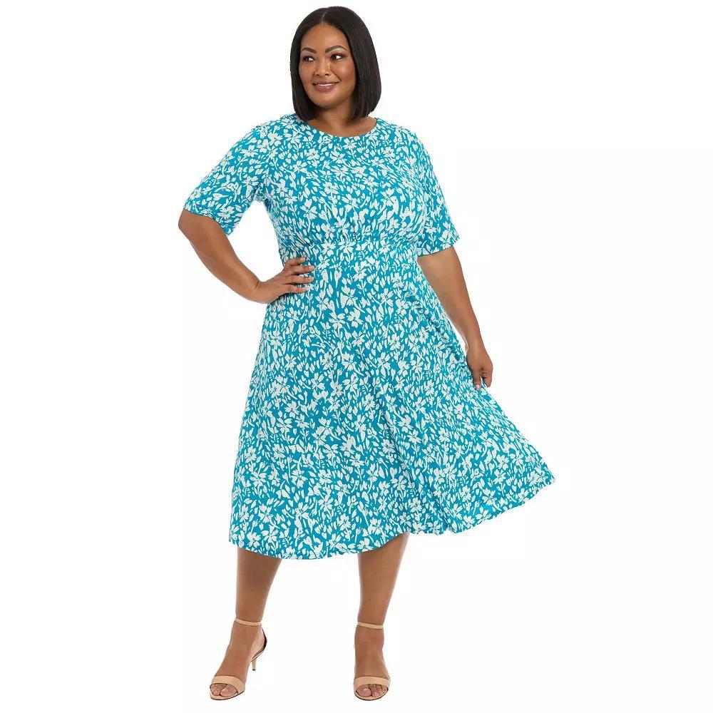 Plus Size London Times Floral Print Inset Waist Midi Dress, Womens Blue Product Image