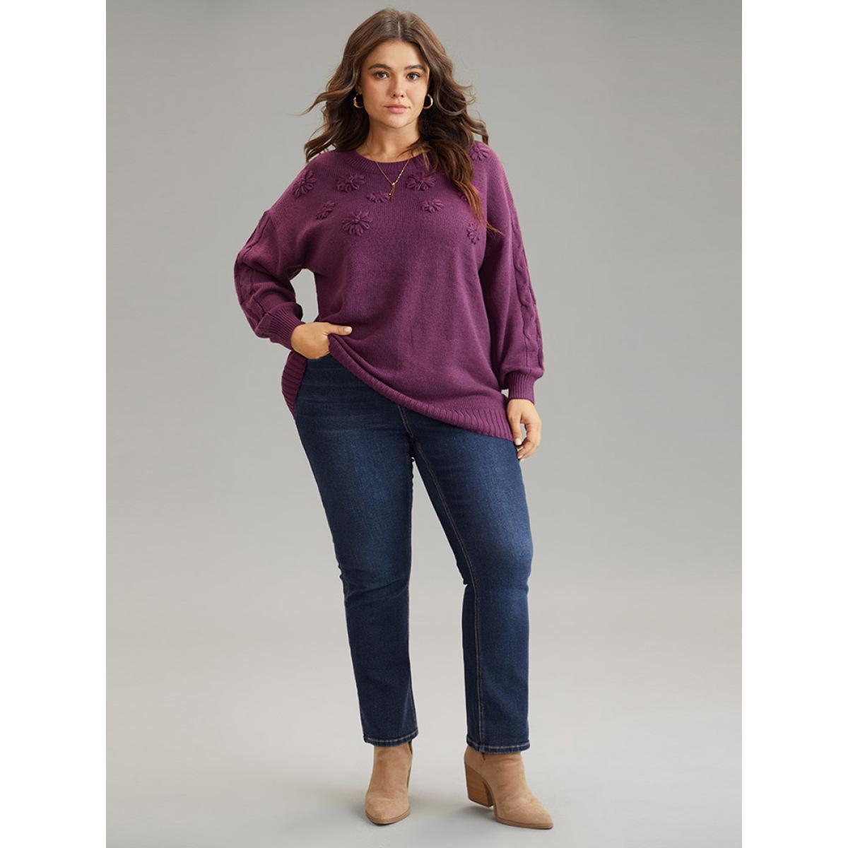Plus Size Plisse Floral Solid Elastic Cuffs Pullover Purple Women Casual Loose Long Sleeve Round Neck Dailywear Pullovers BloomChic 28/5X Product Image