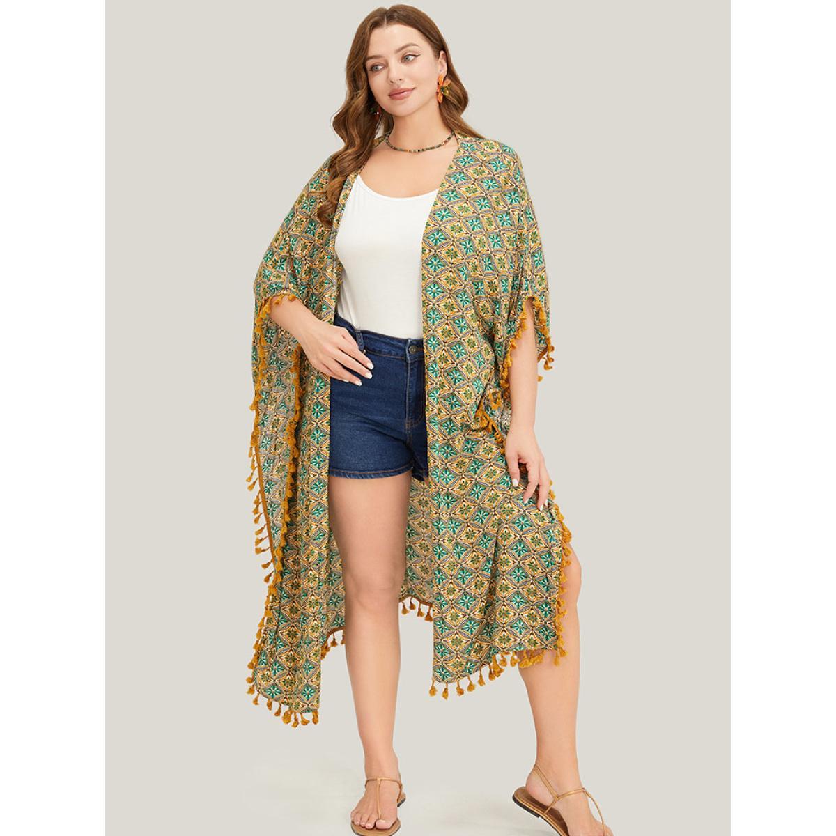 Plus Size Bandana Batwing Sleeve Tassels Trim Split Open Front Kimono Women Mint Vacation Loose Belt Dailywear Kimonos BloomChic 14-16/1X Product Image