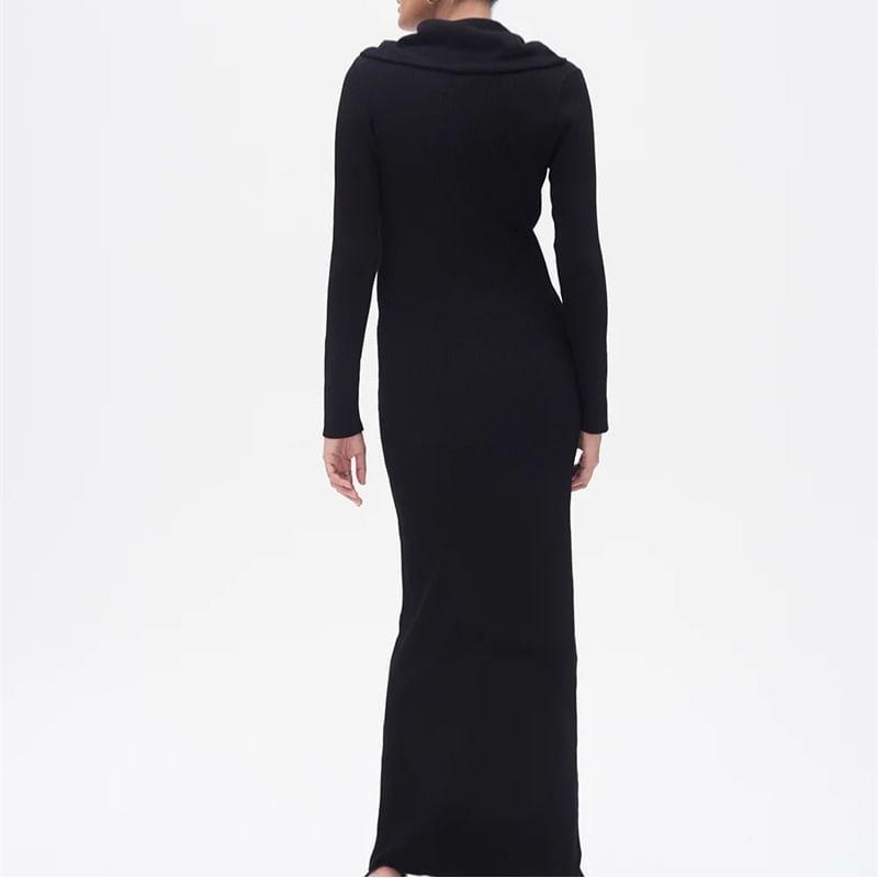 Long Sleeve Cowl Neck Plain Maxi Sheath Dress Product Image