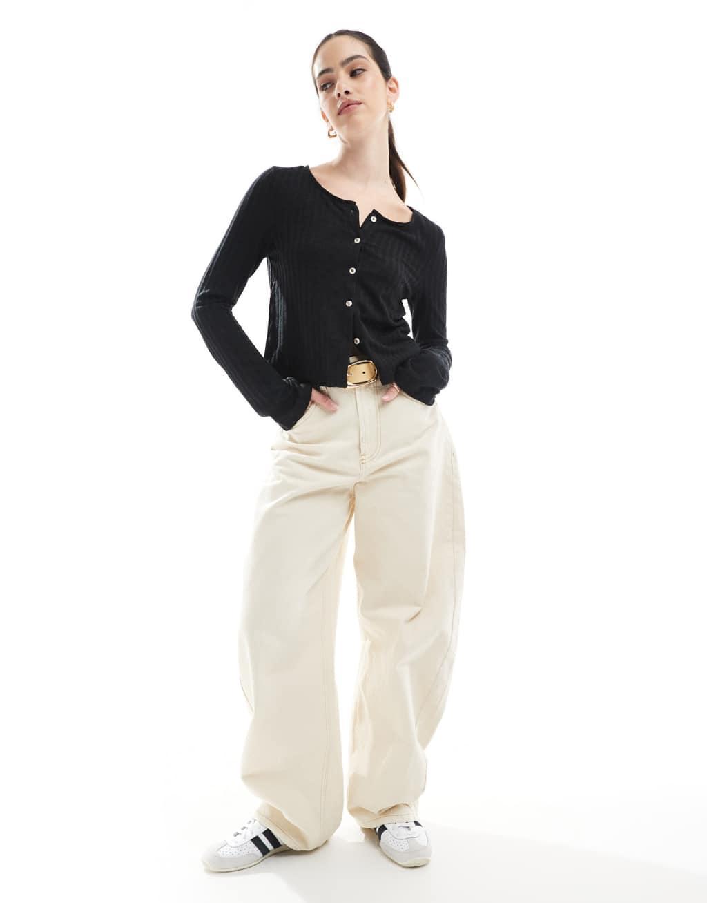 Pieces pointelle cardigan in black Product Image
