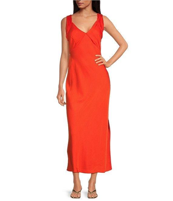 French Connection Ennis Satin V-Neck Wide Ruched Straps Sheath Maxi Dress Product Image