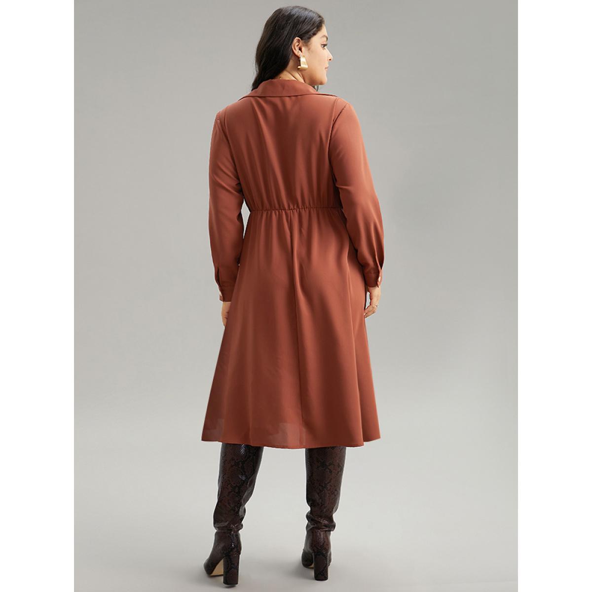 Plus Size Static-Free Plain Lapel Collar Belted Pocket Dress Maroon Women At the Office Plain Lapel Collar Long Sleeve Curvy Midi Dress BloomChic 30/6X Product Image