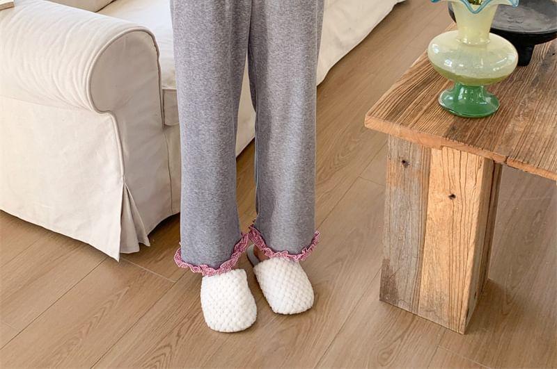 Pajama Set: Long Sleeve Round Neck Plaid Ruffle Button Top + Straight Leg Pants Product Image