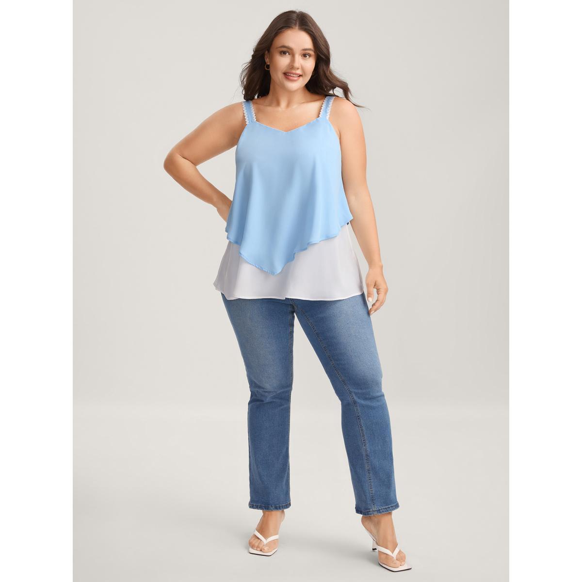 Plus Size Soft Color Contrast Ribbon Tank Top Women LightBlue Woven ribbon&lace trim Non Everyday-Elegant Tank Tops Camis BloomChic 30/6X Product Image