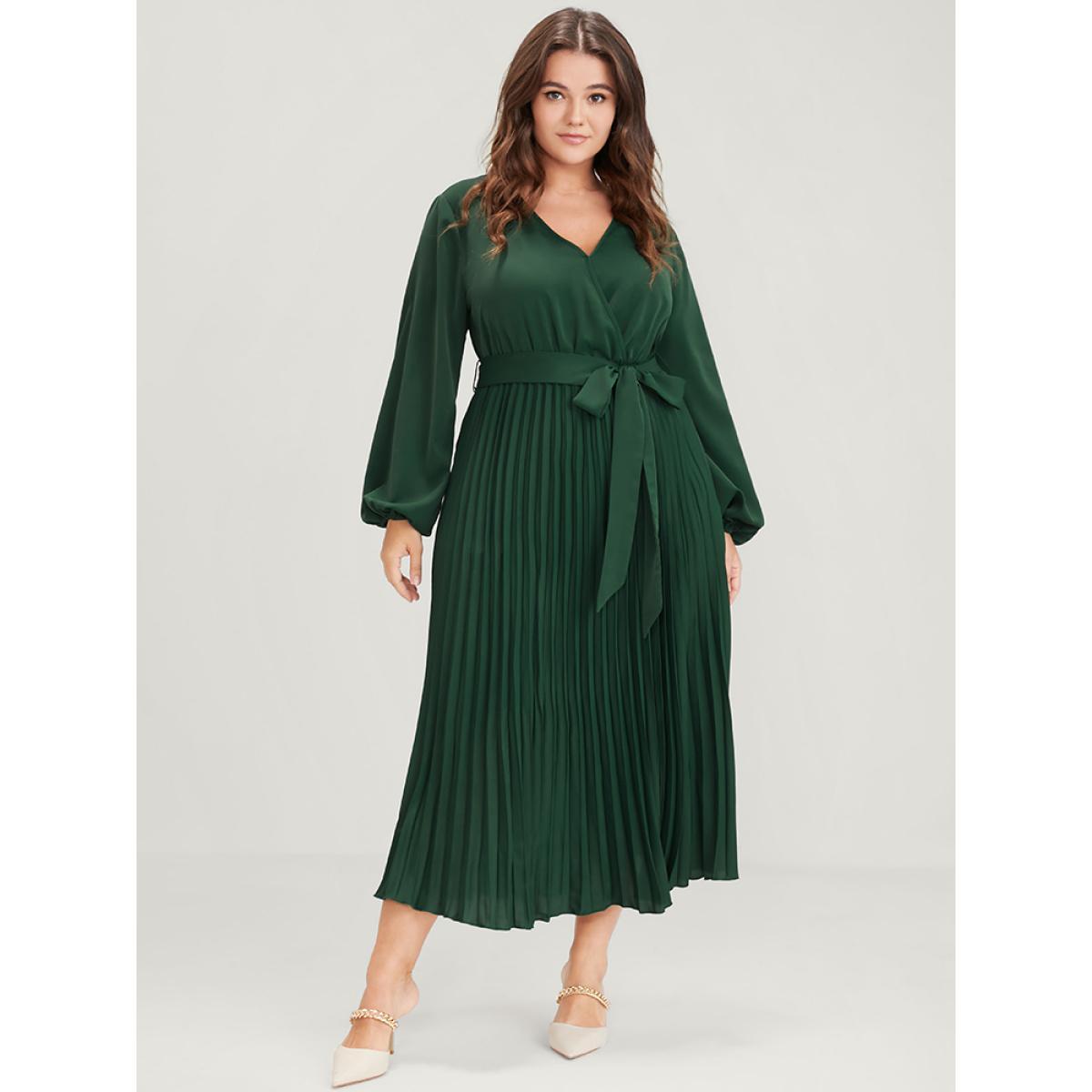 Plus Size Solid Lantern Sleeve Belted Pleated Wrap Dress DarkGreen Women Elegant Plain V-neck Long Sleeve Curvy Midi Dress BloomChic 18-20/2X Product Image