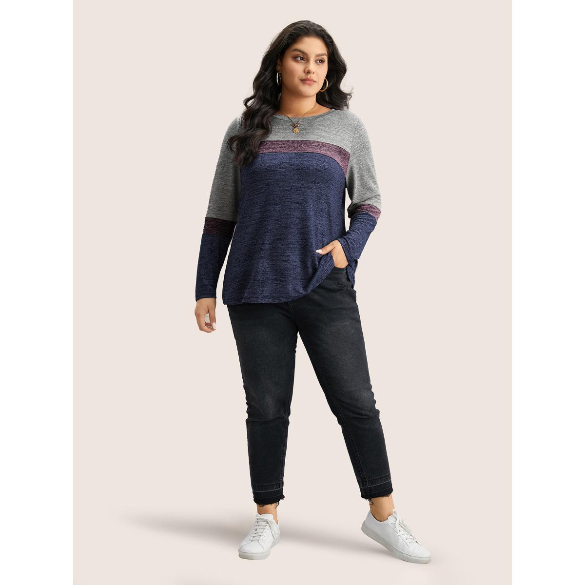 Plus Size Heather Colorblock Contrast Crew Neck T-shirt Blue Women Casual Texture Plain Round Neck Everyday T-shirts BloomChic 28/5X Product Image