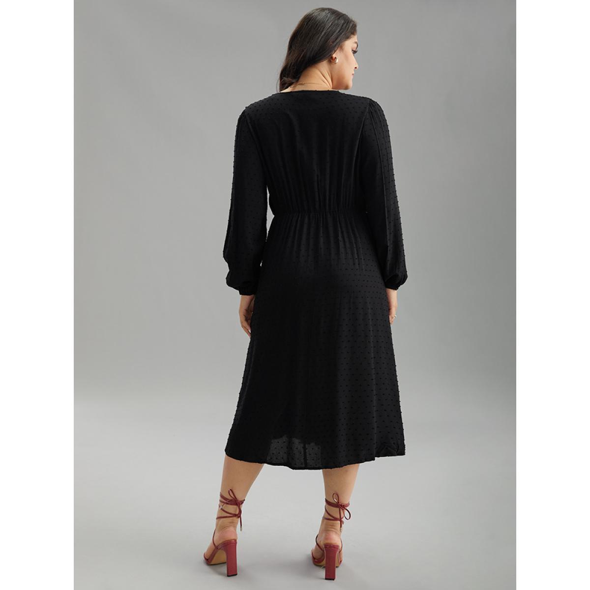 Plus Size Static-Free Solid Lantern Sleeve Pleated Dress Black Women Elegant Elastic cuffs Round Neck Long Sleeve Curvy Midi Dress BloomChic 22-24/3X Product Image