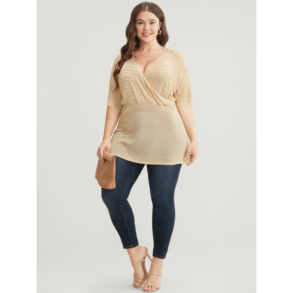 Plus Size Plain Dolman Sleeve Wrap Knit Top Champagne Women Casual Short sleeve V-neck Dailywear Pullovers BloomChic 18-20/2X Product Image