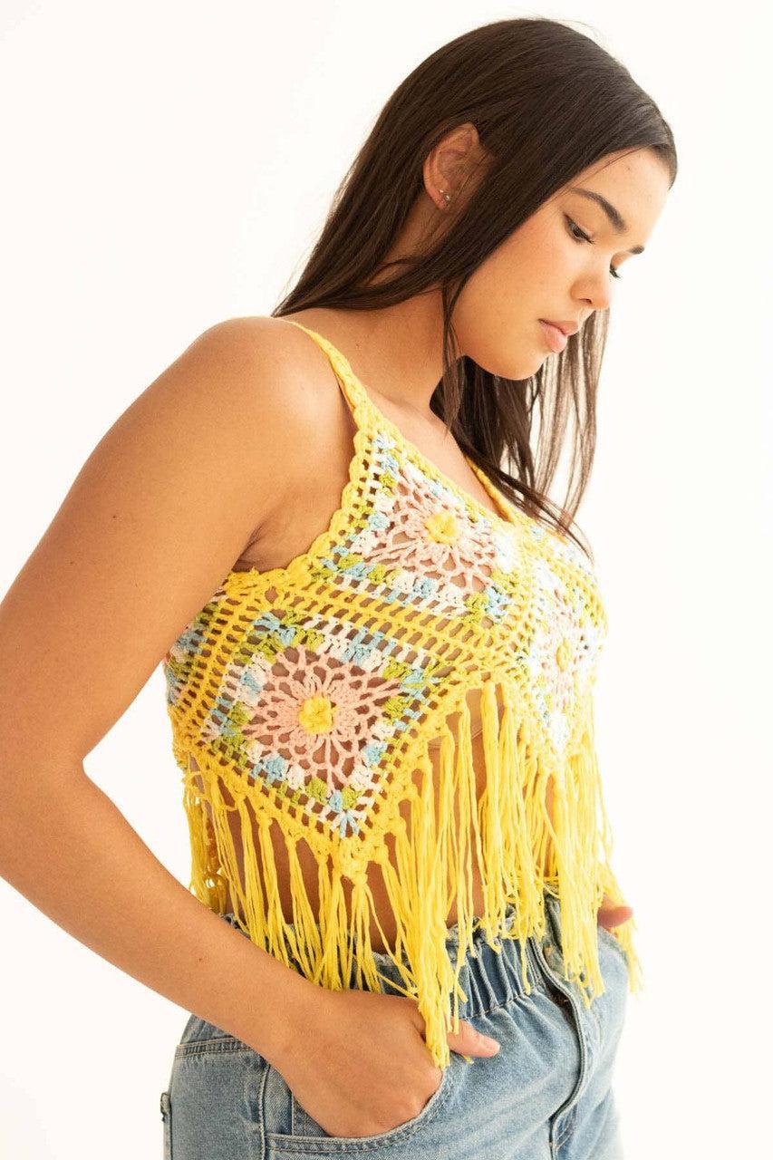 Yellow Floral Crochet Fringe Top Product Image