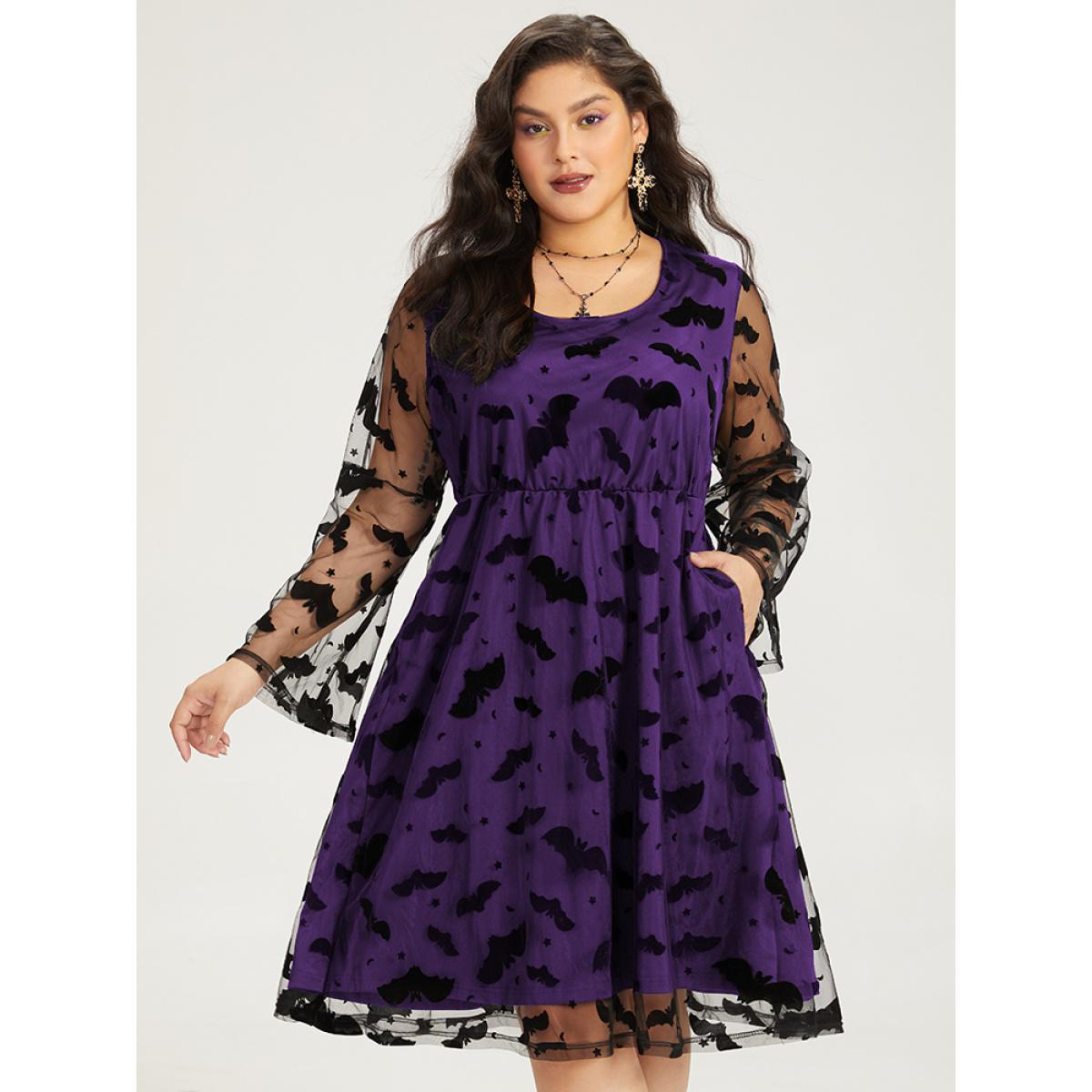 Plus Size Halloween Bat Print Mesh Long Sleeve Dress Purple Women Elegant See through Round Neck Long Sleeve Curvy Midi Dress BloomChic 30/6X Product Image