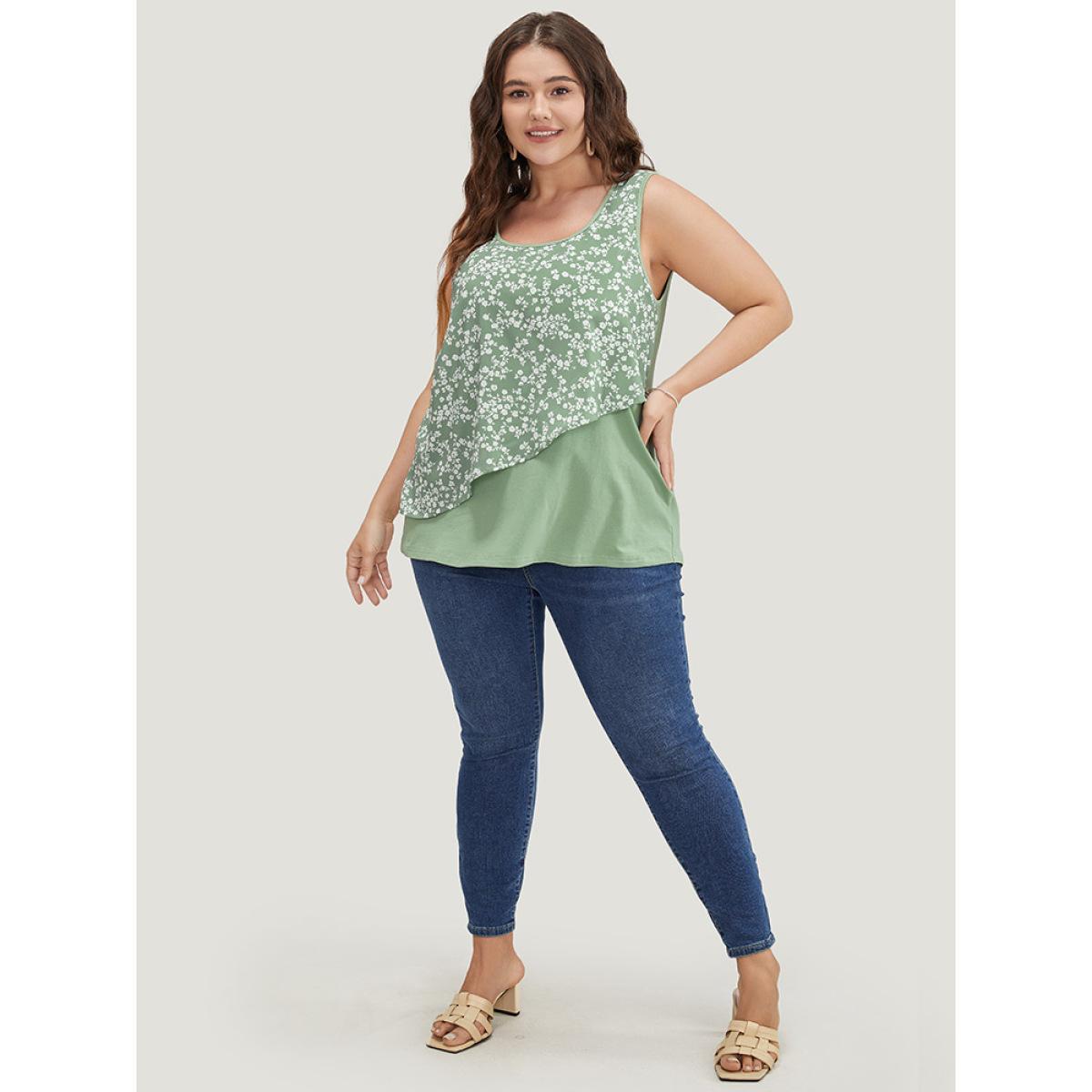 Plus Size Ditsy Floral Patchwork Tank Top Women Sage Elegant Patchwork Round Neck Dailywear Tank Tops Camis BloomChic 26/4X Product Image